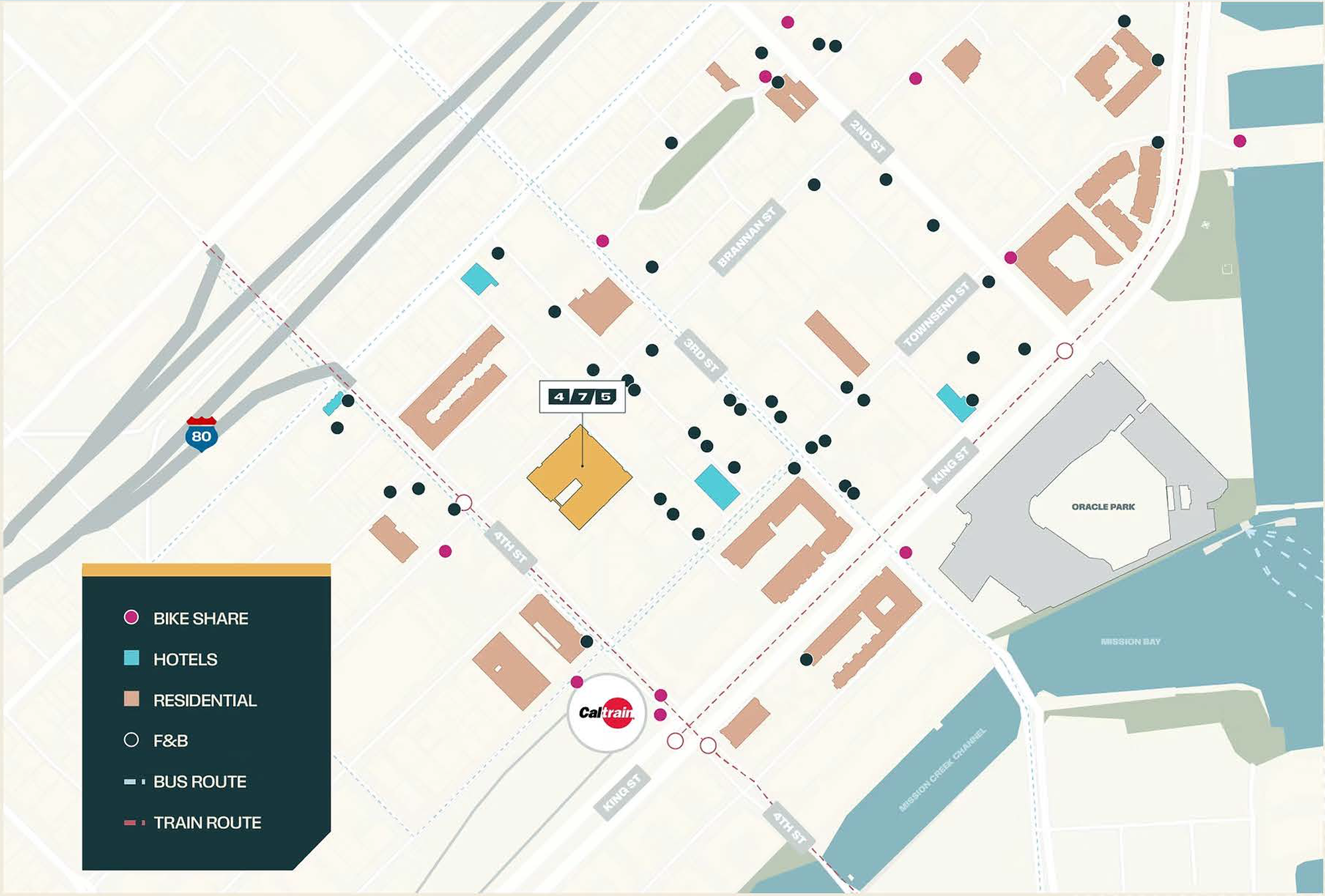 Map showing transit, bike share, hotels, residential, food & beverage near 475 Brannan